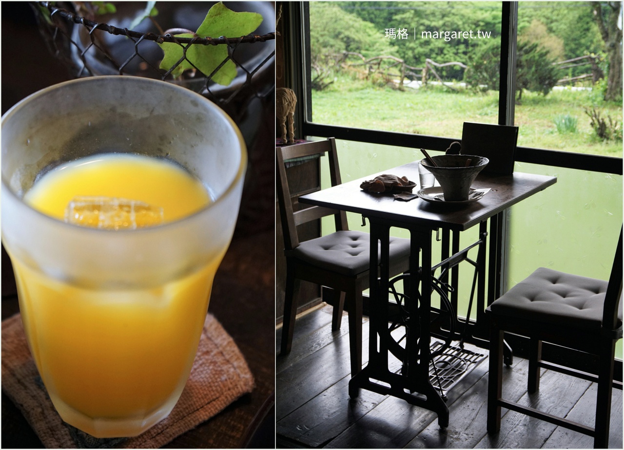 清里古民家咖啡館engawa窗邊座位景色，綠意盎然搭配新鮮果汁。