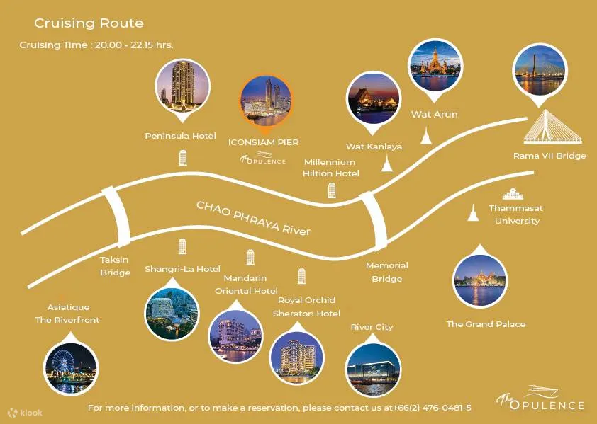 曼谷昭披耶河Opulence豪華郵輪路線圖。