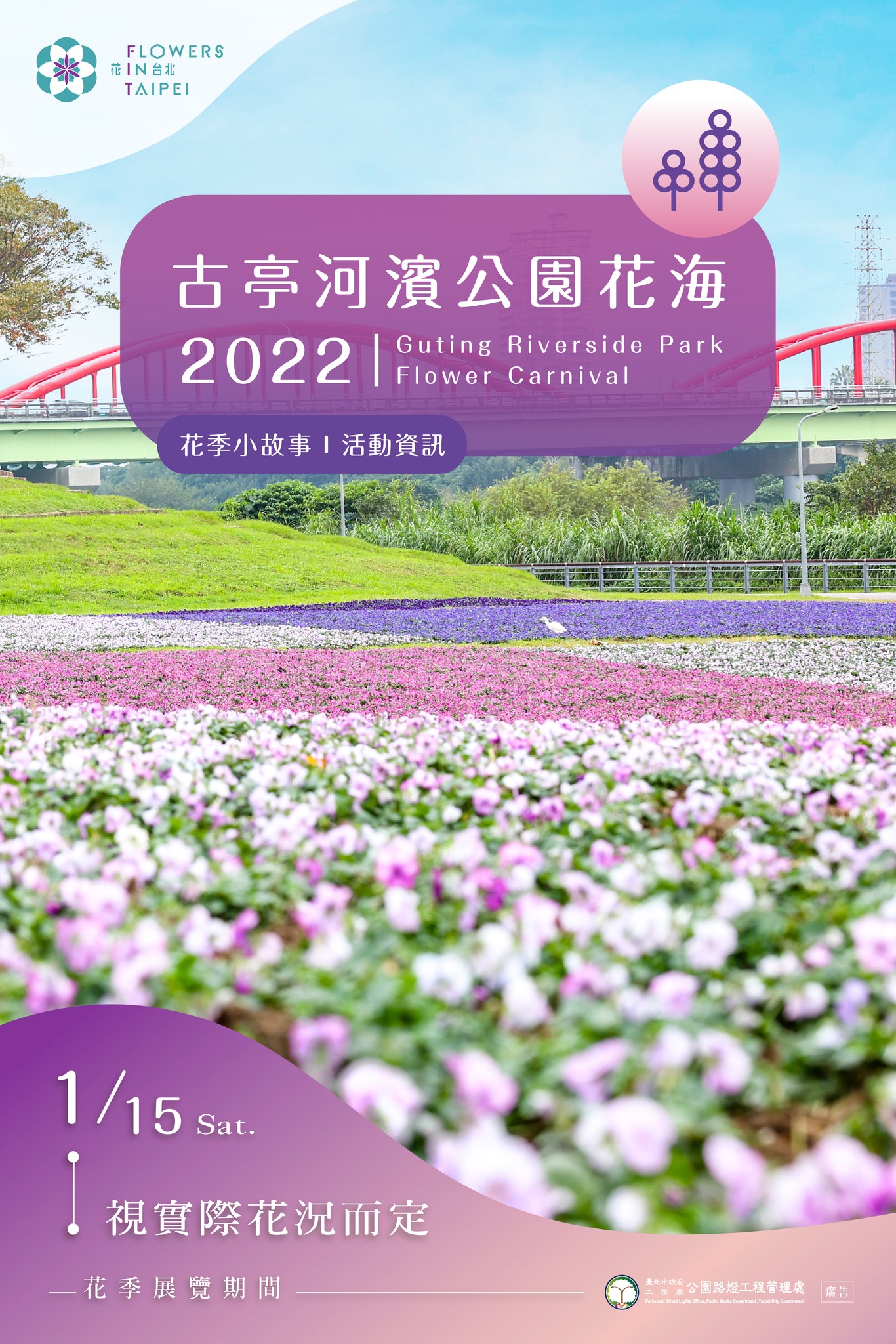 2022古亭河濱公園花海1/15開跑｜新店溪永福橋紫色花海。觀賞期至3月
