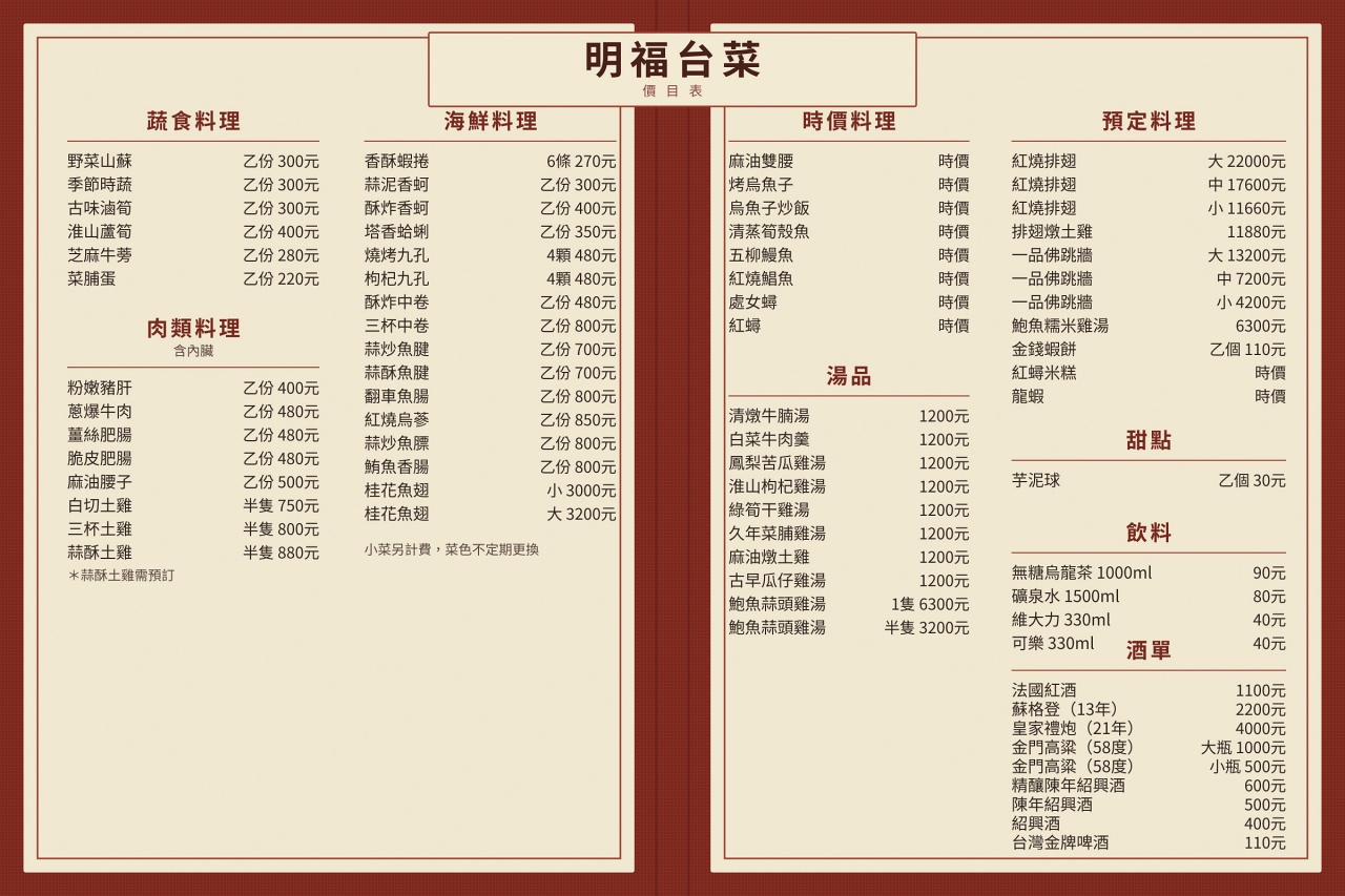 台北 明福台菜 最新菜單價目表